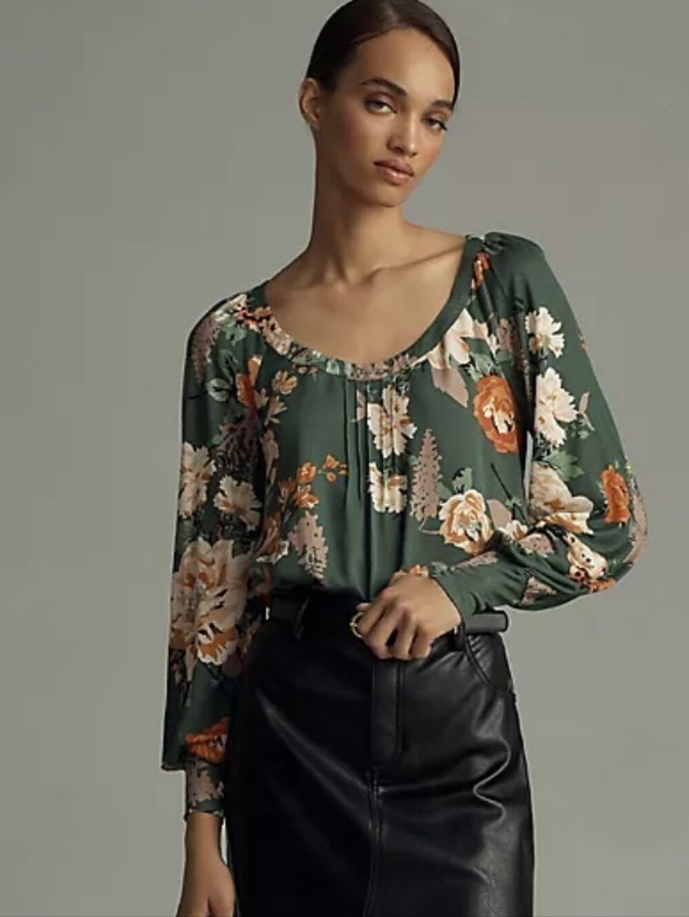 Anthropologie Tiny Green Floral Long Sleeve Scoop Neck Top